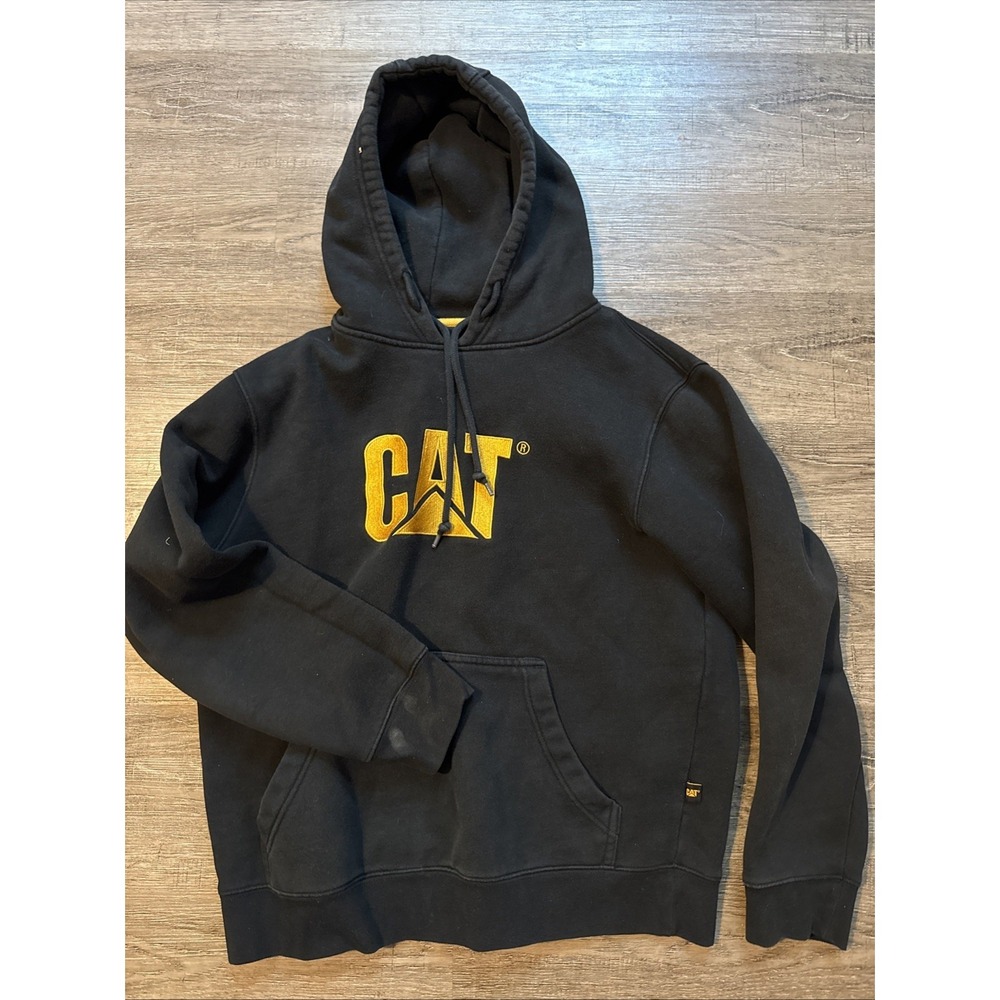 CAT Caterpillar Mens L Black Logo Hoodie Heavy Cotton Workwear Pullover